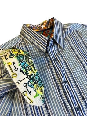 ROBERT GRAHAM Striped‎ Button Down Shirt Blue White Key Clock Flip Cuff Men L